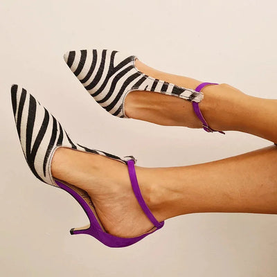 Savana™ | Zebra Print Pumps with Purple Heel and Ankle Strap