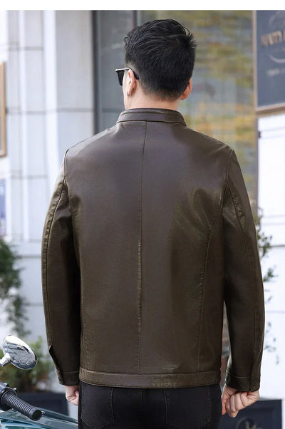 Loke™ Noir – Elegant Leather Coat with High Collar and Clean Lines