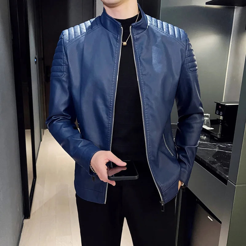 Storm™ Edge – Blue PU Leather Jacket with Modern Shoulder Details